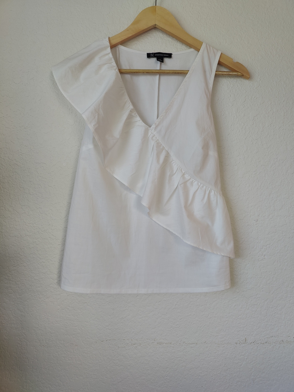 INC International Concepts White Asymmetrical Ruffle Top - Cotton Blend - Size S